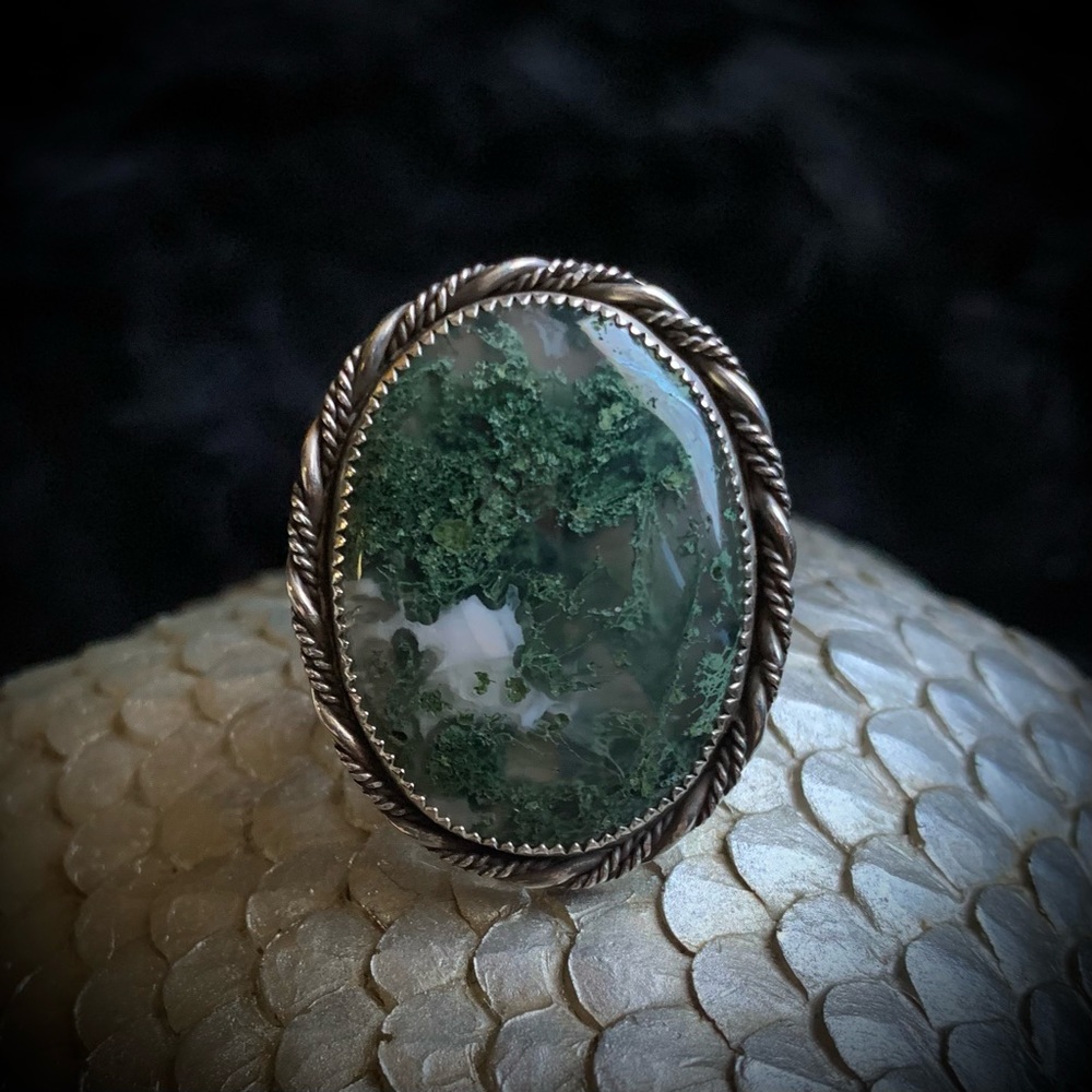 Huge Moss Agate Sterling Silver Ring New Artisan Handmade